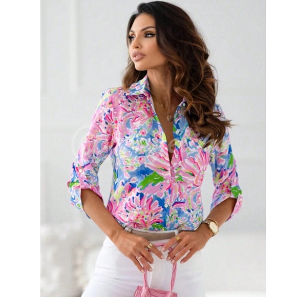 Floral Print Button Down Shirt Top Long Sleeve Collared Pink Blue Multicolor - Picture 3 of 8